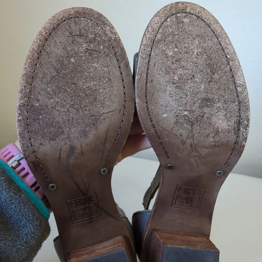 Frye Brielle Charcoal Grey Wooden Ankle Sandals - Size 8 - Picture 13 of 15